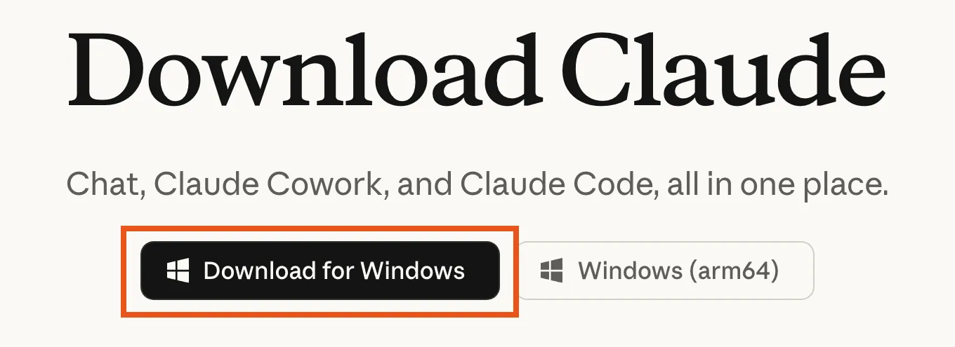 The Claude download page with the Windows download button marked.