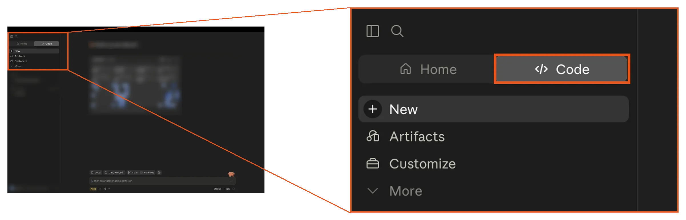 The whole Claude window on the left, with the top of the sidebar marked, opened out into a close-up on the right showing the Home and Code tabs with Code marked.