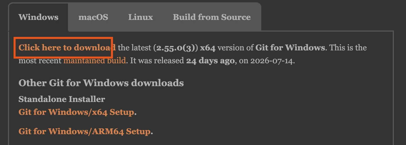 The Git for Windows download page, with the download link at the top of the Windows tab marked.