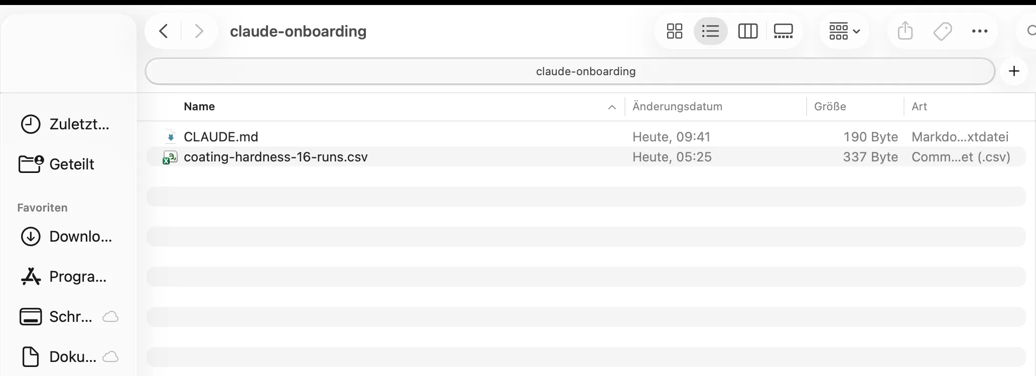 The claude-onboarding folder open in Finder, with CLAUDE.md and coating-hardness-16-runs.csv in it.