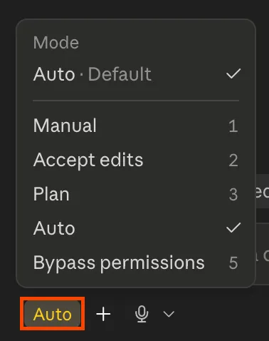 The mode menu open, showing Manual, Accept edits, Plan, Auto and Bypass permissions.