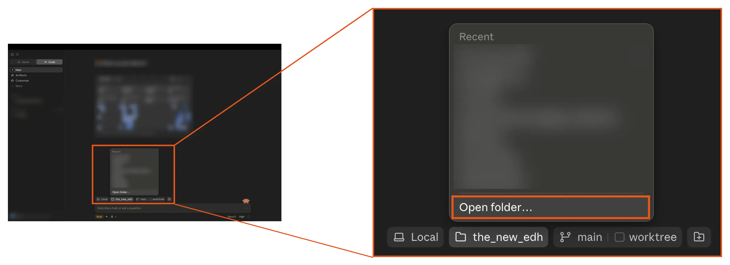 The whole Claude window on the left, with the project picker marked, opened out into a close-up on the right showing the recent folders and the Open folder option marked.