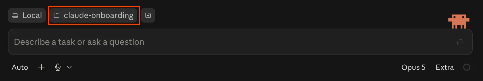 The bottom control bar of the Code tab, with the folder chip marked and reading claude-onboarding.