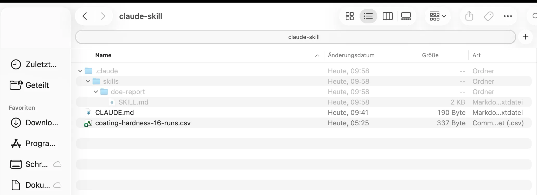 The project folder in Finder with the .claude folder expanded, showing skills, then doe-report, then SKILL.md inside it.