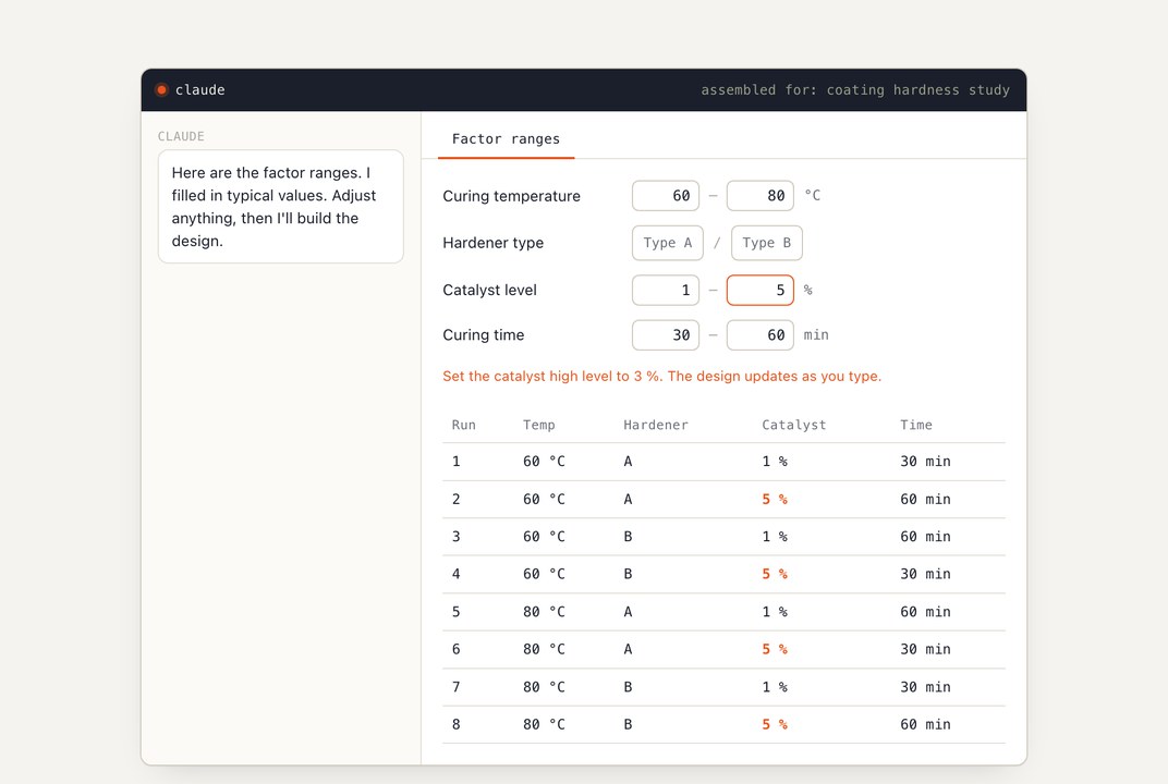 Generative UI: the agent proposes the factor ranges in a small interface you can edit, and the design table updates as you type.