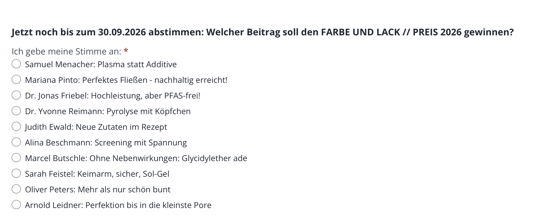 Screenshot of the FARBE UND LACK ballot listing all ten nominees. The seventh row reads: Marcel Butschle: Ohne Nebenwirkungen: Glycidylether ade.